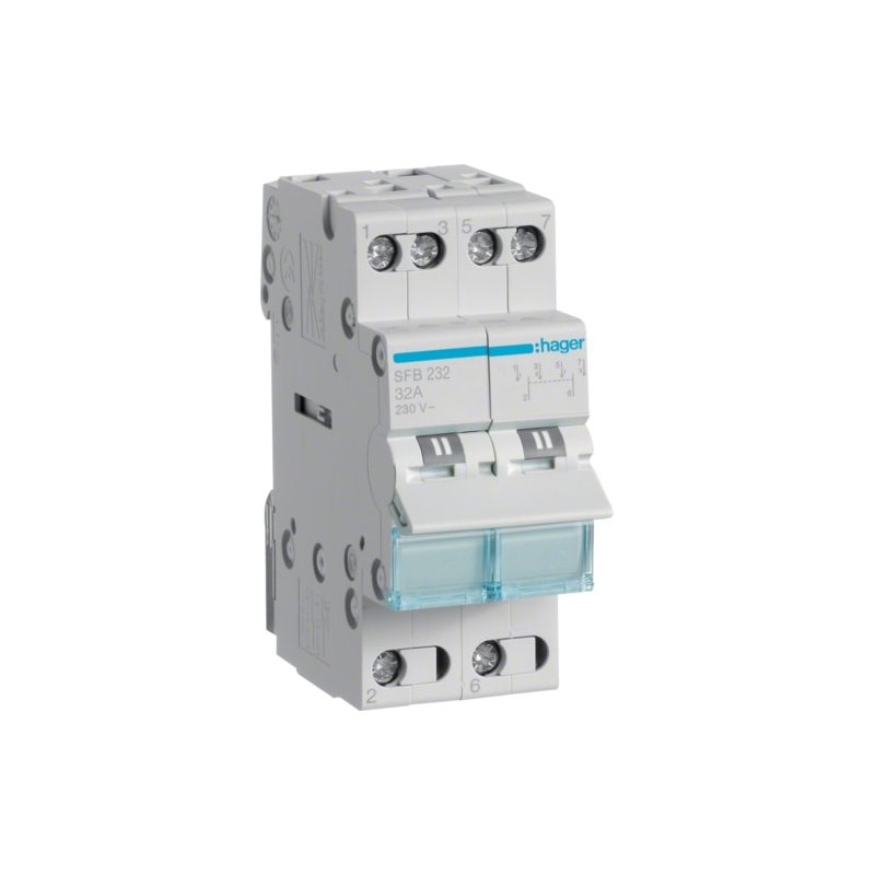 Modułowy przełącznik instalacyjny I-0-II punkt wspólny od dołu 2P 32A 230VAC