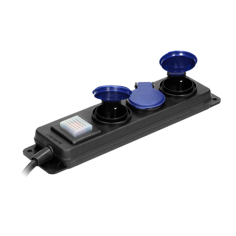 Przedłużacz warsztatowy bryzgoszczelny z wyłącznikiem IP44, 3 gniazda 2P+Z IP44, przewód gumowy, H05RR-F 3x1,5mm², długość 3m