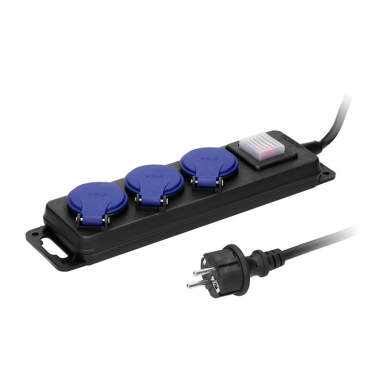 Przedłużacz warsztatowy bryzgoszczelny z wyłącznikiem IP44, 3 gniazda 2P+Z IP44, przewód gumowy, H05RR-F 3x1,5mm², długość 5m