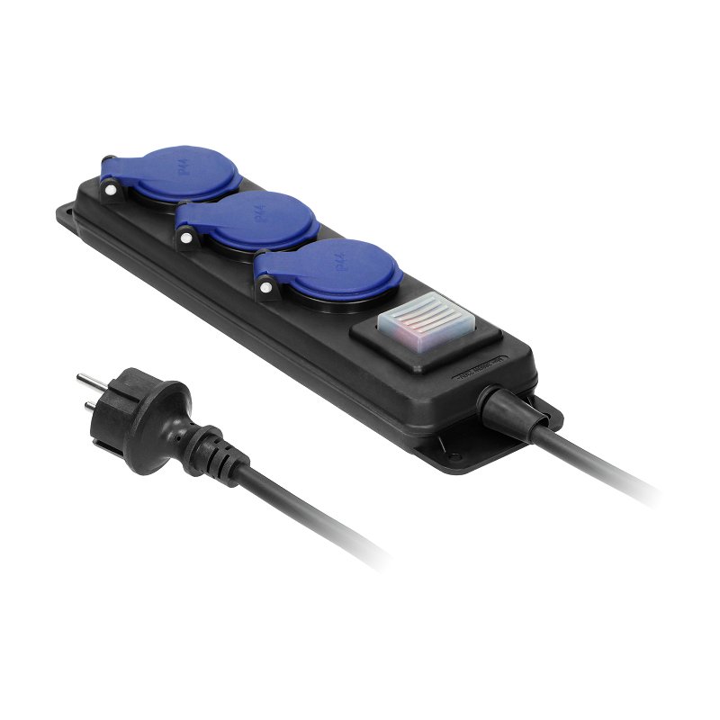 Przedłużacz warsztatowy bryzgoszczelny z wyłącznikiem IP44, 3 gniazda 2P+Z IP44, przewód gumowy, H05RR-F 3x1,5mm², długość 5m