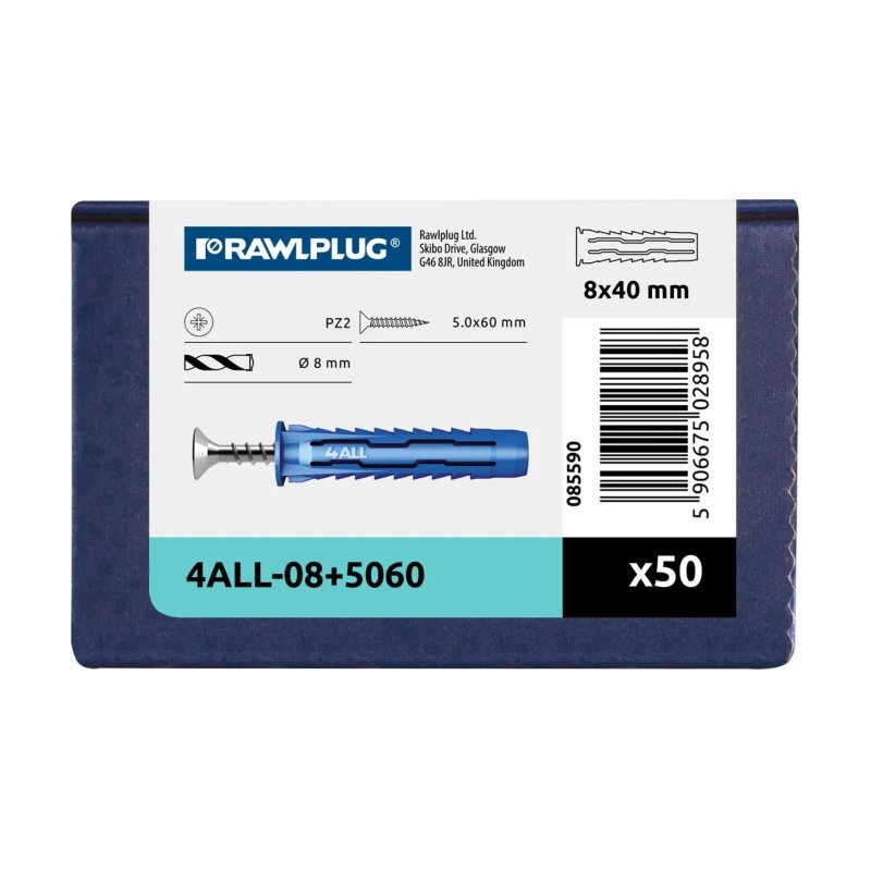 Kołek Uniwersalny 4ALL 8x40mm z Wkrętem 5,0x60mm 50 szt Do Ciężkich Mocowań