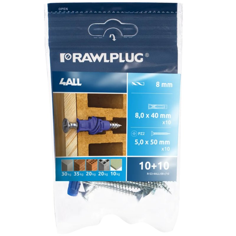 Kołek Uniwersalny 4ALL 8x40mm z Wkrętem 5,0x60mm 10 szt. Foliowe Opakowanie