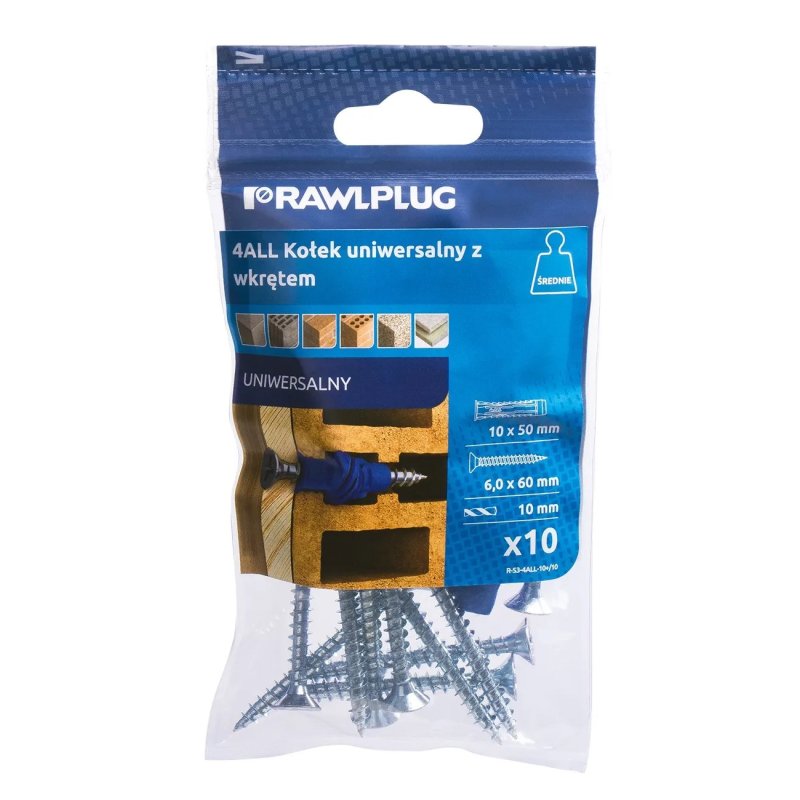 Kołek uniwersalny 10x50mm z wkrętem 6x60mm 10szt. do wszystkich podłoży 4ALL