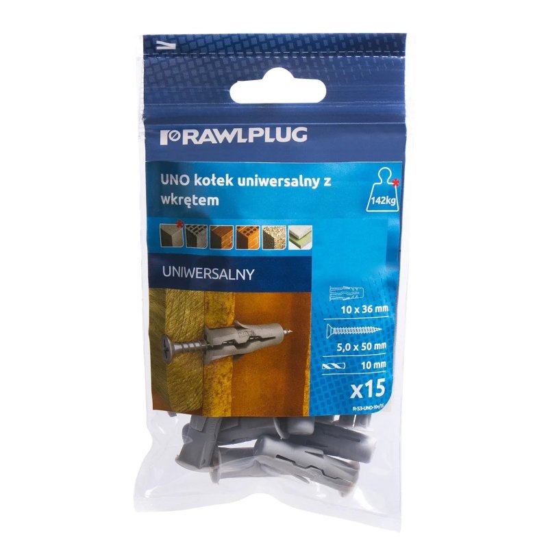 Kołek uniwersalny UNO 10x36mm z wkrętem 5x45mm do nieregularnych otworów 15szt.