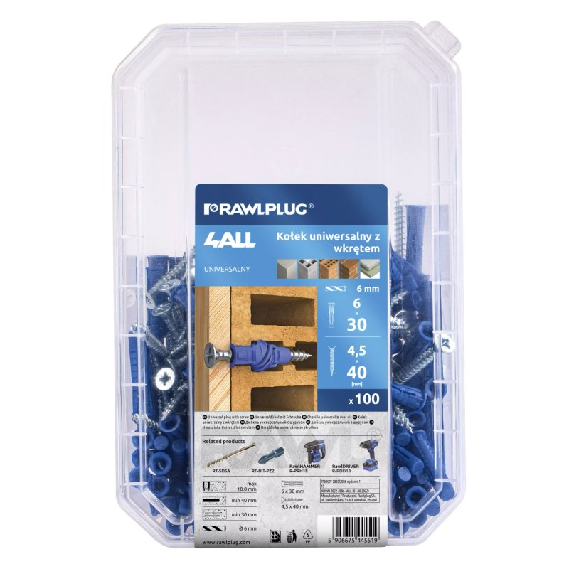 Kołek uniwersalny 4ALL 6x30mm z wkrętem 4,5x40mm 100szt. do wszystkich podłoży